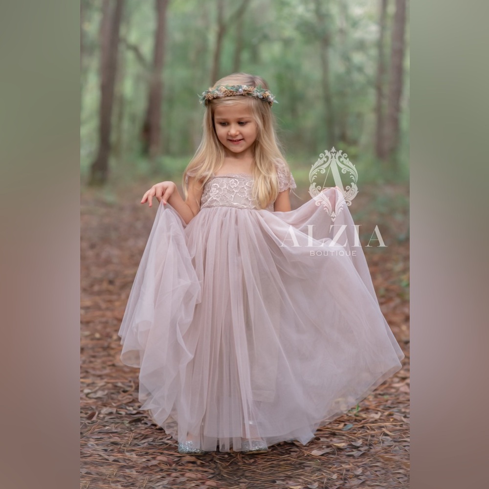 Taupe Lace Flower Girl Dress: Blushing Rose Tulle Wedding Gown